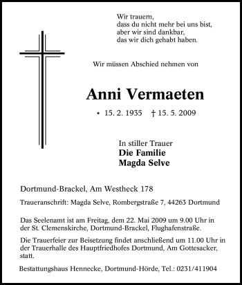 Traueranzeige von Anni Vermaeten von Tageszeitung
