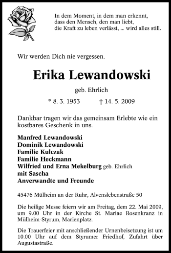 Traueranzeige von Erika Lewandowski von Tageszeitung
