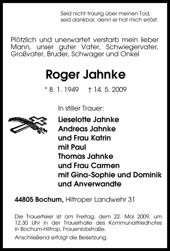 Traueranzeige von Roger Jahnke von Tageszeitung