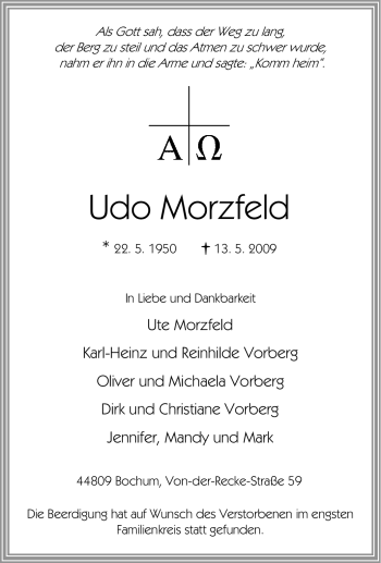 Traueranzeige von Udo Morzfeld von Tageszeitung
