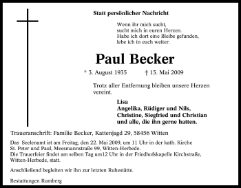 Traueranzeige von Paul Becker von Tageszeitung