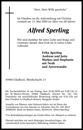 Traueranzeige von Alfred Sperling von Tageszeitung
