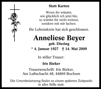 Traueranzeige von Anneliese Beyer von Tageszeitung