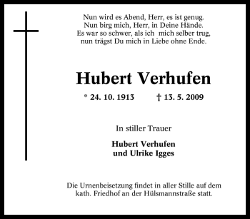 Traueranzeige von Hubert Verhufen von Tageszeitung
