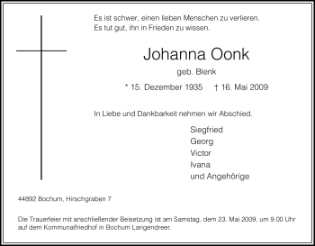 Traueranzeige von Johanna Oonk von Tageszeitung