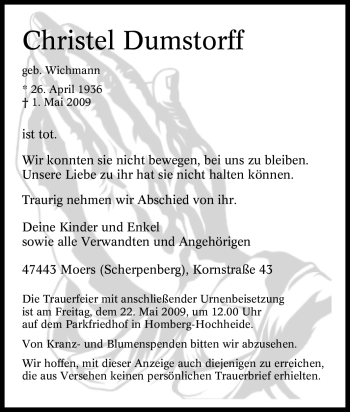Traueranzeige von Christel Dumstorff von Tageszeitung