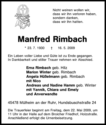 Traueranzeige von Manfred Rimbach von Tageszeitung