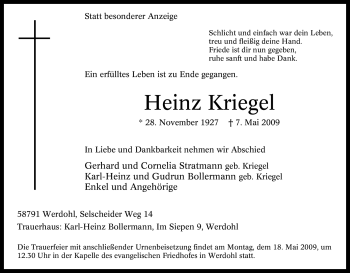 Traueranzeige von Heinz Kriegel von Tageszeitung