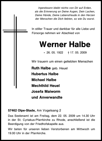 Traueranzeige von Werner Halbe von Tageszeitung