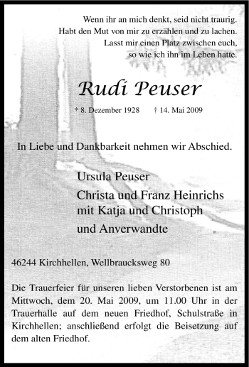 Traueranzeige von Rudi Peuser von Tageszeitung