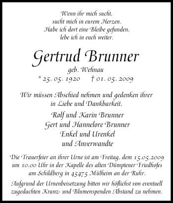 Traueranzeige von Gertrud Brunner von Tageszeitung