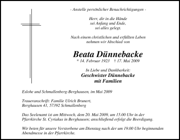 Traueranzeige von Beata Dünnebacke von Tageszeitung