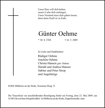 Traueranzeige von Günter Oehme von Tageszeitung