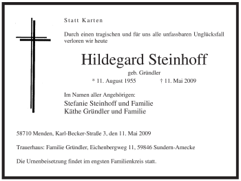 Traueranzeige von Hildegard Steinhoff von Tageszeitung