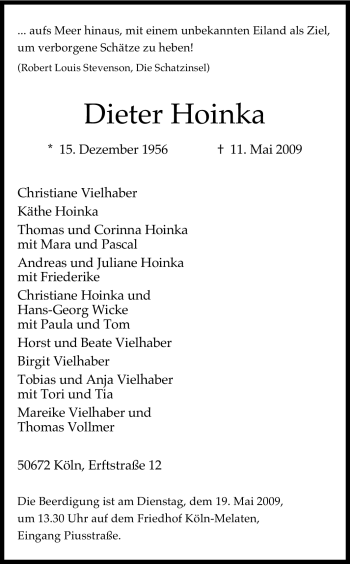 Traueranzeige von Dieter Hoinka von Tageszeitung