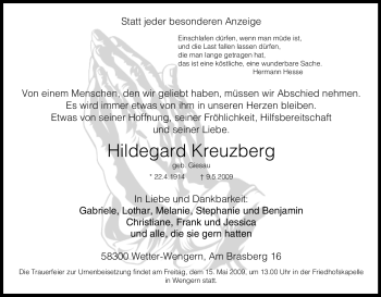 Traueranzeige von Hildegard Kreuzberg von Tageszeitung