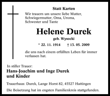 Traueranzeige von Helene Durek von Tageszeitung
