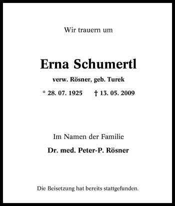 Traueranzeige von Erna Schumertl von Tageszeitung