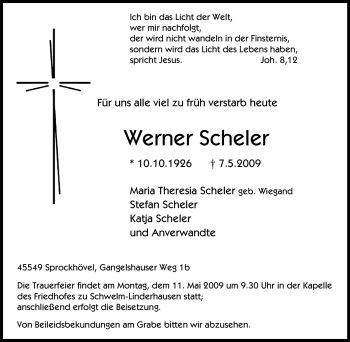 Traueranzeige von Werner Scheler von Tageszeitung