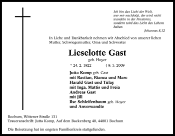 Traueranzeige von Lieselotte Gast von Tageszeitung