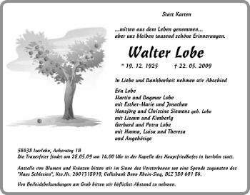 Traueranzeige von Walter Lobe von Tageszeitung
