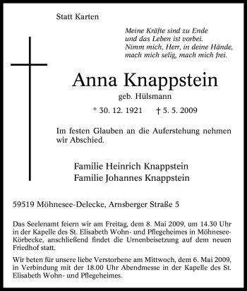 Traueranzeige von Anna Knappstein von Tageszeitung