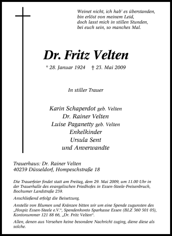Traueranzeige von Fritz Velten von Tageszeitung