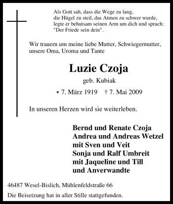 Traueranzeige von Luzie Czoja von Tageszeitung