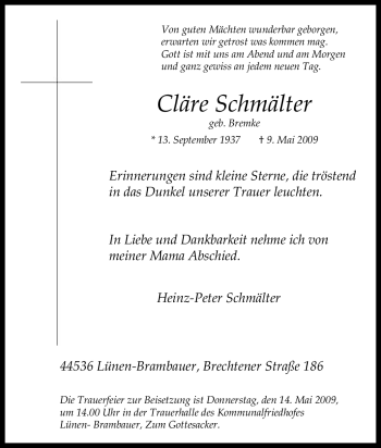 Traueranzeige von Cläre Schmälter von Tageszeitung
