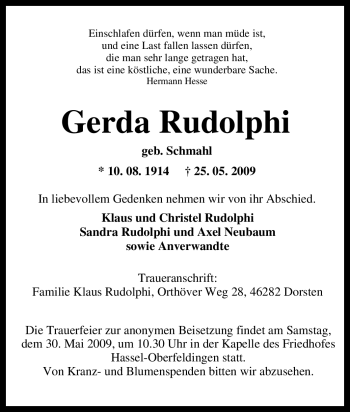 Traueranzeige von Gerda Rudolphi von Tageszeitung