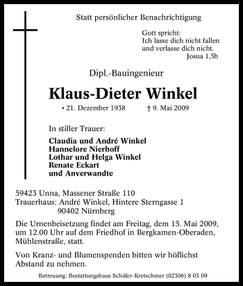 Traueranzeige von Klaus-Dieter Winkel von Tageszeitung