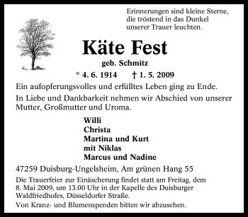 Traueranzeige von Käte Fest von Tageszeitung