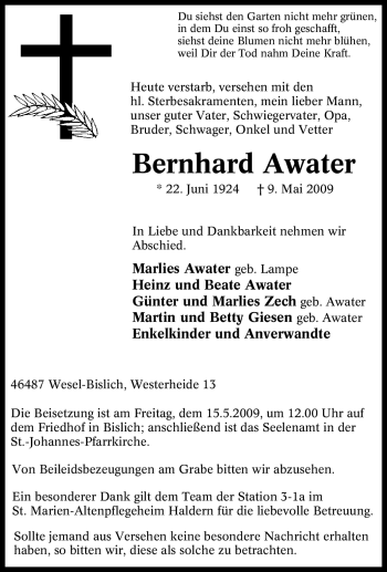 Traueranzeige von Bernhard Awater von Tageszeitung