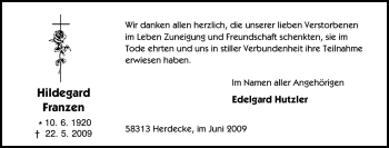 Traueranzeige von Hildegard Franzen von Tageszeitung