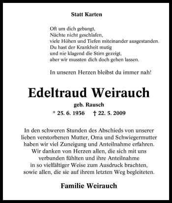 Traueranzeige von Edeltraud Weirauch von Tageszeitung
