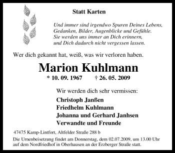 Traueranzeige von Marion Kuhlmann von Tageszeitung