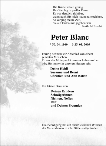 Traueranzeige von Peter Blanc von Tageszeitung
