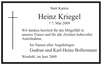 Traueranzeige von Heinz Kriegel von Tageszeitung