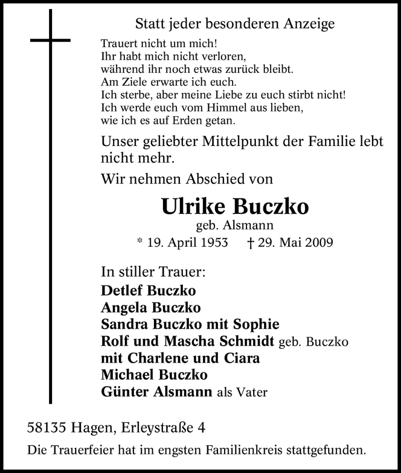  Traueranzeige für Ulrike Buczko vom 05.06.2009 aus Tageszeitung