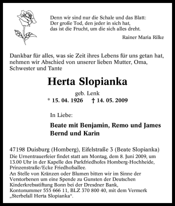 Traueranzeige von Herta Slopianka von Tageszeitung