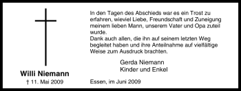 Traueranzeige von Willi Niemann von Tageszeitung