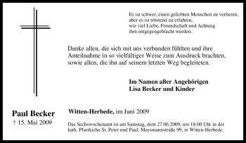 Traueranzeige von Paul Becker von Tageszeitung