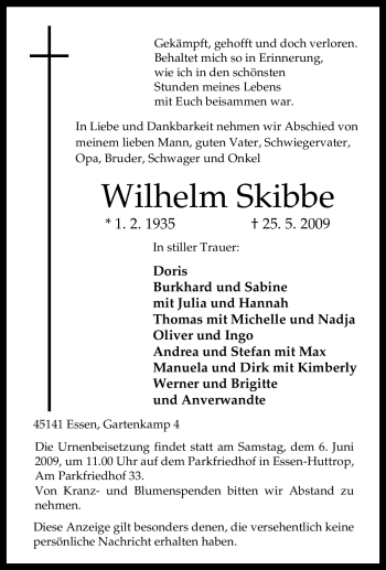 Traueranzeige von Wilhelm Skibbe von Tageszeitung