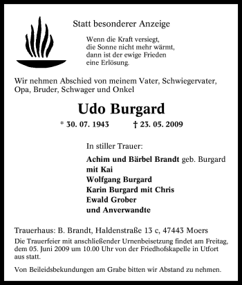 Traueranzeige von Udo Burgard von Tageszeitung