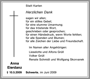 Traueranzeige von Anna Eierdanz von Tageszeitung