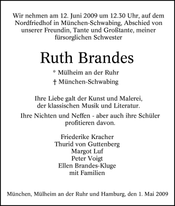 Traueranzeige von Ruth Brandes von Tageszeitung