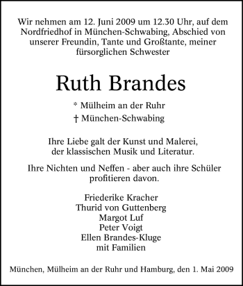 Traueranzeige von Ruth Brandes von Tageszeitung