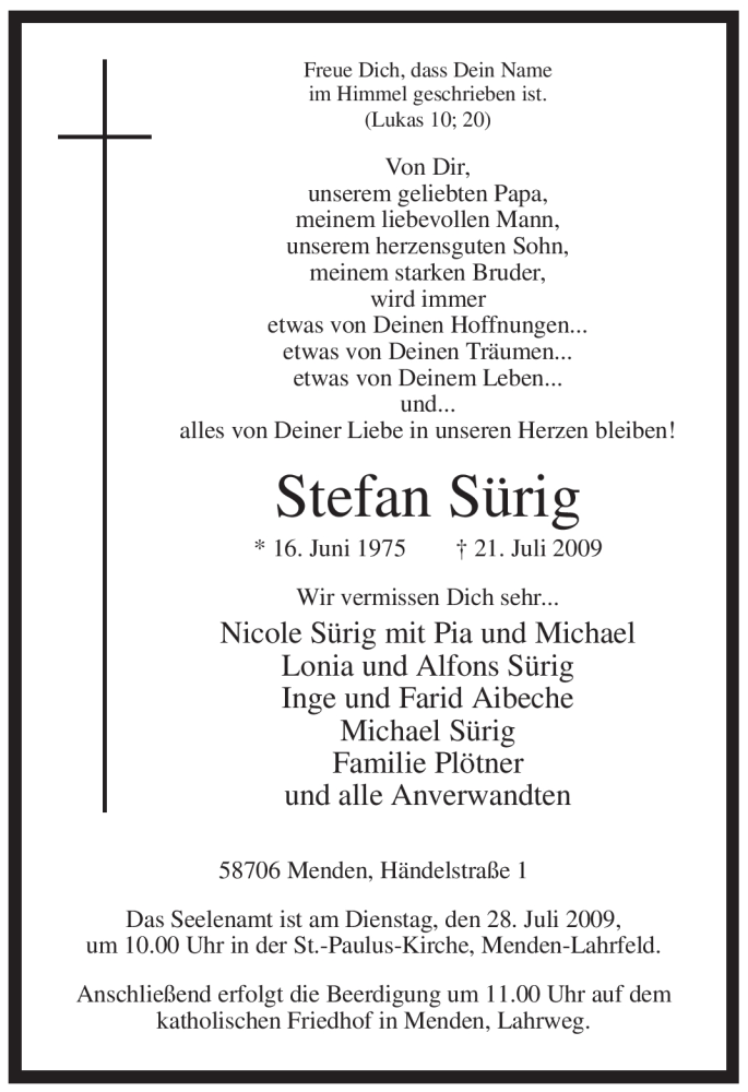  Traueranzeige für Stefan Sürig vom 24.07.2009 aus Tageszeitung