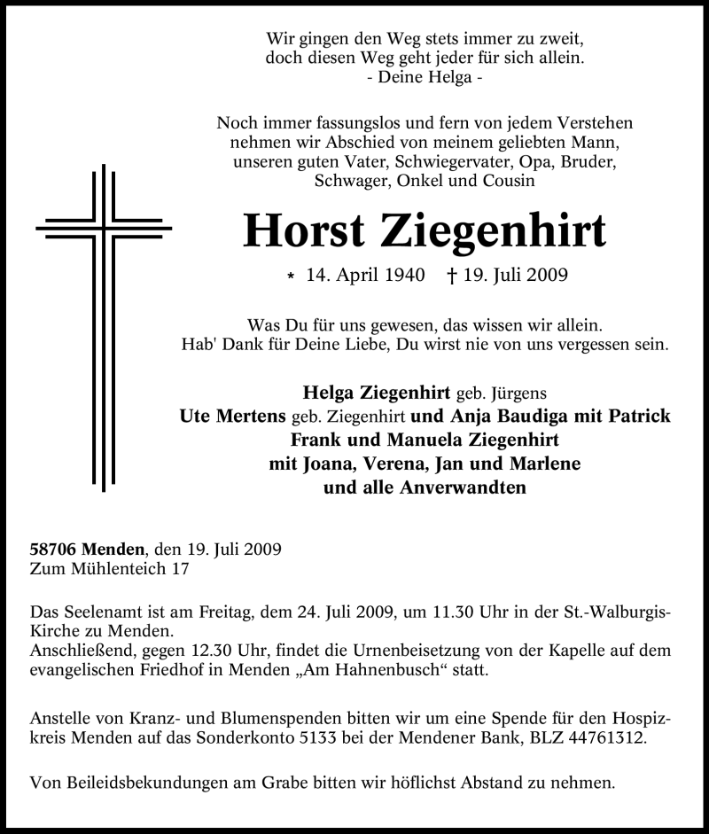  Traueranzeige für Horst Ziegenhirt vom 22.07.2009 aus Tageszeitung