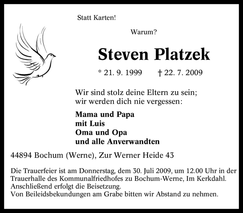  Traueranzeige für Steven Platzek vom 28.07.2009 aus Tageszeitung